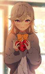 1girl :s absurdres backlighting bandaged_fingers bandages blurry blurry_background blush bokeh bow bowtie box braid braided_bangs buttons cardigan collared_shirt commentary_request crossed_bangs depth_of_field facial_mark gift grey_cardigan hair_between_eyes heart-shaped_box highres holding holding_gift komori_met light_particles long_sleeves looking_at_viewer medium_hair nea_369 nervous open_cardigan open_clothes open_mouth orange_bow orange_bowtie orange_nails puffy_long_sleeves puffy_sleeves purple_eyes shirt solo straight-on sunlight triangle triangle_facial_mark upper_body valentine virtual_youtuber vspo! white_shirt
