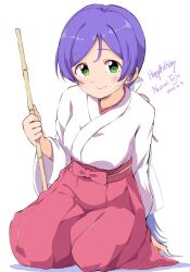 1girl bow breasts character_name closed_mouth dated english_text full_body green_eyes hakama hakama_skirt hand_up happy_birthday highres holding japanese_clothes kimono long_hair long_sleeves looking_at_viewer love_live! love_live!_school_idol_project miko purple_hair red_bow red_hakama sen_(sen0910) simple_background sitting skirt smile solo tojo_nozomi very_long_hair white_background white_kimono wide_sleeves