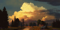 Rule 34 | absurdres, blue sky, boulder, building, cloud, cloudy sky, commentary, cumulonimbus cloud, english commentary, evening, field, flower, highres, hill, house, landscape, nature, no humans, orange flower, original, outdoors, philipp urlich, pine tree, purple flower, rural, scenery, signature, sky, stream, sunlight, tree