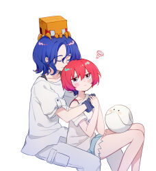 1boy 1girl amate_yuzuriha aqua_eyes blue_hair blush closed_eyes colored_inner_hair conch_(gundam) denim denim_shorts gloves gundam gundam_gquuuuuux haro hetero highres hug hug_from_behind multicolored_hair nishina_plus non-humanoid_robot purple_hair red_hair robot shirt short_hair shorts shuji_ito simple_background sitting sitting_between_lap smelling smelling_hair two-tone_hair white_background white_shirt