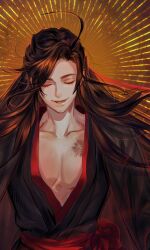 Rule 34 | 1boy, ahoge, black coat, black hair, black hanfu, brown hair, chest tattoo, chinese clothes, closed eyes, coat, collarbone, eyelashes, facing viewer, hair down, hair ribbon, half updo, halo, hanfu, highres, korean commentary, long hair, male focus, modao zushi, niken (niken ouo), official alternate costume, official alternate hairstyle, open clothes, open coat, parted lips, pectoral cleavage, pectorals, red ribbon, red sash, ribbon, robe, sash, sidelocks, smile, solo, tattoo, upper body, wei wuxian, wei wuxian (yiling laozu)