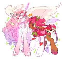 angel_wings animalization braid braided_bun bright_pupils colored_eyelashes commentary cookie_run cookie_run:_kingdom double_bun drill_hair elbow_gloves english_commentary eternal_sugar_cookie eye_contact fang feathered_wings frilled_sleeves frills gloves hair_bun hair_ornament halo heart heart_print highres hollyberry_cookie hooves horse instrument leaf_hair_ornament long_hair looking_at_another lyre my_little_pony my_little_pony:_friendship_is_magic no_humans no_pupils no_sclera notice_lines open_mouth parted_lips pink_eyes pink_hair pink_shirt puffy_short_sleeves puffy_sleeves sharpycharot shirt short_hair short_sleeves simple_background slit_pupils sparkle twin_braids v-shaped_eyebrows very_long_hair white_background white_eyelashes white_gloves white_halo white_pupils white_wings winged_unicorn wings yuri