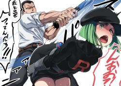 1boy 1girl baseball_bat bent_over black_hat black_shirt black_skirt commentary d: gameplay_mechanics giovanni_(pokemon) green_eyes green_hair hat marsk nintendo open_mouth pokemon pokemon_tcg pokemon_tcg_pocket shirt skirt spanking team_rocket team_rocket_grunt translated