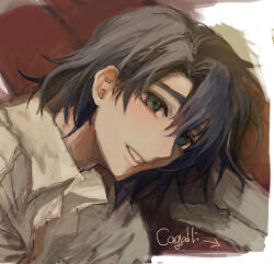 Rule 34 | 1boy, athrun zala, blue hair, collared shirt, commentary request, green eyes, gundam, gundam seed, highres, lying, male focus, on side, open mouth, she (morianosu), shirt, short hair, smile, solo, upper body, white shirt