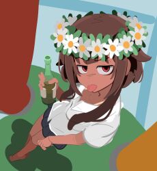 blue_skirt bottle brown_hair flower_wreath full_body highres kono_subarashii_sekai_ni_shukufuku_wo! kurokimoko legs looking_at_viewer megumin midsummer no_shoes red_eyes shirt skirt standing sweden tan tongue tongue_out white_shirt