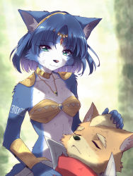 1boy 1girl :3 animal_ear_fluff animal_ears animal_nose aqua_eyes arm_tattoo armor bandana bandeau bare_shoulders blonde_hair blue_fur blue_hair blurry blurry_background body_fur breasts brown_fur choker circlet closed_eyes closed_mouth collarbone crystal day fox_boy fox_ears fox_girl fox_mccloud fox_tail furry furry_female furry_male gem green_background green_gemstone hairband hand_on_another&#039;s_head happy high_collar highres jacket jewelry krystal lap_pillow looking_at_another looking_down namagaki_yukina necklace nintendo open_clothes open_jacket outdoors parted_lips red_gemstone revision scratches short_hair shoulder_armor small_breasts smile snout solo_focus star_fox star_fox_adventures tail tattoo tribal two-tone_fur upper_body vambraces white_fur white_jacket yellow_choker yellow_fur yellow_hairband