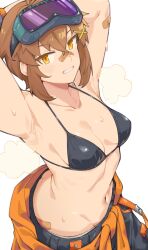 1girl arms_up bandaid bandaid_on_arm bandaid_on_face bandaid_on_nose bikini bikini_top_only black_bikini breasts brown_hair fukana_miyu_(kokuya28) goggles goggles_on_head hair_ornament highres kokuya_(kokuya28) looking_at_viewer medium_breasts navel original pants short_hair solo sweat swimsuit white_background x_hair_ornament