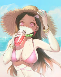 1girl absurdres bad_id bad_pixiv_id bamboo bangle beach bikini bit_gag black_hair bracelet breasts cleavage coin_(ornament) contemporary cup day disposable_cup drink drinking drinking_straw drinking_straw_in_mouth eyelashes gag gag_around_neck unworn_gag hair_ribbon hand_on_headwear hands_up hat highres holding holding_cup holding_drink jewelry juice kamado_nezuko kimetsu_no_yaiba large_breasts long_hair looking_at_viewer multicolored_hair navel ocean orange_hair outdoors pink_bikini pink_eyes pink_ribbon ribbon savarin_(fjnr7287) skindentation sky solo straw_hat streaked_hair sun_hat swimsuit upper_body wet