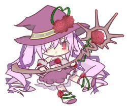 1girl bandage_over_one_eye bandages boots chibi dress emil_chronicle_online flower frilled_dress frills hat holding holding_staff homurabi long_hair mummy_alma open_mouth purple_boots purple_dress purple_hair purple_hat purple_ribbon red_eyes ribbon rose staff standing standing_on_one_leg thorns twintails white_background witch_hat wooden_staff