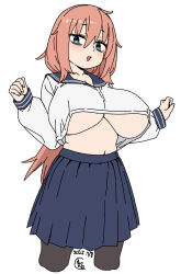 1girl :d bags_under_eyes black_pantyhose blue_eyes blue_skirt breasts cropped_legs dated hair_between_eyes highres houtengeki huge_breasts large_breasts long_hair long_sleeves looking_at_viewer low_ponytail michinoku_komaro midriff navel open_mouth oppai_loli orange_hair pantyhose pink_hair pleated_skirt ponytail sailor_collar school_uniform seitokai_ni_mo_ana_wa_aru! serafuku shirt_overhang simple_background skirt smile solo standing underboob very_long_hair white_background