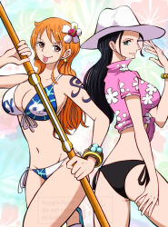 2girls :p apple7apo ass bangle bikini bikini_bottom_only black_bikini black_hair blue_eyes bracelet breasts brown_eyes cleavage clima-tact clothes_writing female_focus floral_print_shirt flower flower_on_head hat jewelry large_breasts log_pose long_hair multiple_girls nami_(one_piece) navel nico_robin one_piece one_piece_film:_gold orange_hair shirt shoulder_tattoo smile swimsuit tattoo tied_shirt tongue tongue_out white_hat