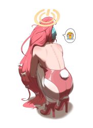 1girl absurdres back back_focus bare_shoulders blue_archive bow chyun_(user_jwae3438) crying_emoji emoji hair_bow halo high_heels highres hugging_own_legs leggings leotard long_hair pink_shoes playboy_bunny ponytail rabbit_tail red_hair shadow shoes solo spoken_emoji squatting strapless strapless_leotard tail trembling white_background white_leggings yellow_halo yuzu_(blue_archive)