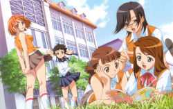 00s 5girls braid cloud day glasses harada_chie highres higurashi_akane magazine_(object) minagi_mikoto multiple_girls my-hime non-web_source orange_shirt school_uniform senou_aoi serafuku shirt sky socks tokiha_mai tree twin_braids