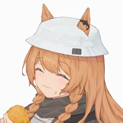 1girl ^_^ animal_ears animated animated_gif arknights braid brown_hair ceobe_(arknights) ceobe_(unfettered)_(arknights) chewing chinese_commentary closed_eyes closed_mouth commentary_request ears_through_headwear eating food food_on_face grey_background grey_hat hat holding holding_food long_hair lowres official_alternate_costume portrait sflr side_braids solo twin_braids