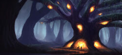 1boy animal fantasy fog forest giant_tree glowing grass highres horse landscape moss nature night original painterly piotrdura scenery tree