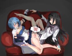 Rule 34 | 2girls, absurdres, akemi homura, akemi homura (magical girl), barefoot, black hair, blue hair, blush, breasts, closed eyes, couch, couple, covered erect nipples, female fertilization, female orgasm, fertilization, gloves, hair ornament, hairband, happy sex, heart, highres, impregnation, long hair, magical girl, mahou shoujo madoka magica, medium breasts, miki sayaka, miki sayaka (magical girl), moaning, multiple girls, open mouth, orgasm, ovum, partially undressed, pussy, small breasts, soul gem, source request, sweat, tomodachi (tomofanart), tribadism, very long hair, yuri