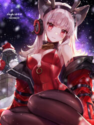 1girl animal_ear_fluff animal_ears antlers arknights bell blush breasts brown_pantyhose christmas cleavage closed_mouth clothes_down coat embarrassed fake_antlers frostleaf_(arknights) hat headphones highres horns leotard long_hair looking_at_viewer medium_breasts neck_bell ninjinshiru pantyhose pink_hair red_coat red_eyes red_leotard reindeer_antlers santa_hat snowing solo strapless strapless_leotard wolf_ears