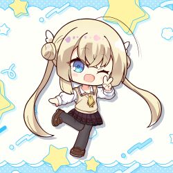 Rule 34 | 1girl, ;d, ahoge, aoniku yaris, black pantyhose, blonde hair, blue eyes, blush stickers, brown shoes, brown skirt, chibi, chibi only, collared shirt, commentary, crossed bangs, double bun, drop shadow, eyelashes, eyes visible through hair, frilled skirt, frills, full body, hair between eyes, hair bun, hair ornament, hand up, happy, highres, huge ahoge, loafers, long hair, long sleeves, looking at viewer, miniskirt, mizuka academy school uniform, necktie, official alternate costume, official alternate hairstyle, one eye closed, open mouth, pantyhose, pleated skirt, school uniform, shirayuki noa, shirt, shoes, short necktie, simple background, skirt, smile, solo, standing, standing on one leg, star (symbol), sweater vest, tenshi souzou re-boot!, twintails, v, very long hair, white background, white shirt, wing hair ornament, yellow necktie, yellow sweater vest