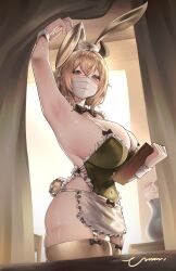 Rule 34 | 1girl, absurdres, animal ears, apron, armpit focus, armpits, black bow, black bowtie, blush, bow, bowtie, breasts, brown hair, brown thighhighs, clipboard, commentary, curtains, english commentary, extra ears, green eyes, green hair, green leotard, hair ribbon, hat, highres, holding, holding clipboard, huge breasts, indie virtual youtuber, leotard, mask, medium hair, mouth mask, nimi nightmare, nurse cap, one side up, presenting armpit, rabbit ears, rabbit tail, revision, ribbon, sideboob, signature, solo, tail, tapir ears, tapir girl, thighhighs, thighs, umamii, vase, virtual youtuber, white apron, white ribbon
