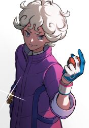 1boy ahoge bede_(pokemon) bite_addict blonde_hair closed_mouth coat commentary_request curly_hair dynamax_band gloves grey_eyes hand_up highres holding holding_poke_ball male_focus nintendo poke_ball poke_ball_(basic) pokemon pokemon_swsh purple_coat shirt short_hair simple_background single_glove smile solo split_mouth watch white_background white_shirt wristwatch