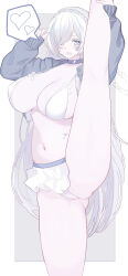 1girl absurdres ass azur_lane blue_eyes braid breasts choker cleavage colored_skin covered_erect_nipples cropped_jacket feet_out_of_frame grey_choker grey_jacket hair_ribbon heart highleg highleg_panties highres holding holding_own_leg huge_breasts jacket large_variant_set leg_up londom_(lonhomewell) long_hair microskirt navel open_clothes open_jacket open_mouth panties pantyshot revealing_clothes ribbon skindentation skirt solo speech_bubble split spoken_heart standing standing_on_one_leg standing_split tb_(azur_lane) thigh_strap underwear variant_set very_long_hair white_hair white_panties white_ribbon white_skin white_skirt white_sneakers white_theme