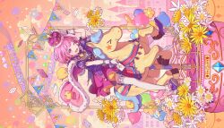 Rule 34 | 1girl, ace (playing card), ace of diamonds, aristocratic clothes, balloon, belt, bubble skirt, card, checkered clothes, cloud, colorful palette, crown, daisy (flower), detached sleeves, diamond (shape), flower, flower balloon, full body, fur-trimmed leg warmers, gloves, hand on headwear, highres, hime lolita, holding, holding card, horseback riding, hoshi o mezashite yoosoroo! (project sekai), leg warmers, lolita fashion, official alternate costume, official art, one eye closed, ootori emu, open mouth, pink background, pink eyes, pink hair, pink skirt, pink sky, pink theme, playing card, project sekai, puffy detached sleeves, puffy short sleeves, puffy sleeves, purple belt, purple footwear, purple shirt, purple sleeves, riding, shirt, short sleeves, sideways, skirt, sky, smile, solo, star (symbol), string of flags, thighhighs, two-sided fabric, two-sided skirt, white gloves, yellow flower