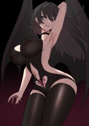 absurdres armpits black_hair breasts choker cleavage demon_girl highres long_hair looking_down nipples original pubic_tattoo see-through_clothes smile tatsunohiroigo3 tattoo thighhighs wings