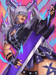 absurdres bracelet collar glowing glowing_eye hair_over_eyes highres holding holding_sword holding_weapon jewelry looking_at_viewer magik_(punkchild)_(x-men) magik_(x-men) marvel marvel_rivals punk rkgk_kishiyo spiked_bracelet spiked_collar spiked_thigh_strap spiked_thighlet spikes sword weapon