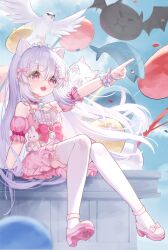 1girl bare_shoulders bell bird blue_sky bow cat commentary_request dress fang fish garter_straps hair_bow hair_ornament hairclip heart heart-shaped_pupils highres long_hair neck_bell original pink_dress pink_shoes pointing pointing_forward shoes skin_fang sky stuffed_animal stuffed_rabbit stuffed_toy symbol-shaped_pupils thighhighs very_long_hair white_cat white_hair white_thighhighs wlswlp wrist_cuffs