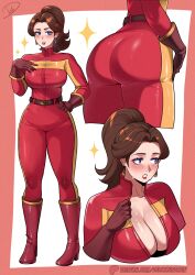 1girl absurdres artist_name ass biker_clothes biker_pauline blue_eyes breasts cleavage deliciousbrain earrings highres jewelry large_breasts lipstick makeup mario_(series) mario_kart mario_kart_world multiple_views nintendo official_alternate_costume official_alternate_hairstyle pauline_(mario) ponytail red_lips
