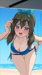 Rule 34 | 1girl, :d, adjusting eyewear, arm up, assault lily, bare arms, bare shoulders, beach, bent over, bikini, black-framed eyewear, blue bikini, blue bow, blue sky, blurry, blurry background, blush, bow, bracelet, breasts, cleavage, collarbone, cowboy shot, day, eyewear on head, green hair, hair between eyes, hair bow, hair over one eye, halterneck, hand on eyewear, hand on own hip, hashtag-only commentary, highres, horizon, jewelry, long hair, looking at viewer, low twintails, medium breasts, open mouth, outdoors, purple eyes, side-tie bikini bottom, sky, smile, solo, standing, sunglasses, swimsuit, thigh gap, twintails, twitter username, ueharu, v-shaped eyebrows, water, watermark, wet, wet hair, yamanashi hibari