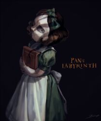 Rule 34 | 1girl, apron, black background, black eyes, book, bow, brown hair, copyright name, green bow, holding, holding book, koto inari, looking at viewer, ofelia, pan&#039;s labyrinth, puffy short sleeves, puffy sleeves, short hair, short sleeves, simple background, solo, upper body, white apron