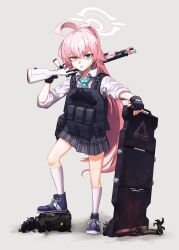 Rule 34 | 1girl, absurdres, ahoge, black gloves, black skirt, blue archive, blue eyes, blue necktie, bulletproof vest, collared shirt, fingerless gloves, full body, gloves, grey background, gun, hair between eyes, halo, heterochromia, highres, holding, holding gun, holding weapon, hoshino (blue archive), long hair, looking at viewer, necktie, over shoulder, pink hair, pink halo, plaid clothes, plaid skirt, pleated skirt, ponytail, rake autumn, shield, shirt, shoes, shotgun, simple background, skirt, sneakers, socks, solo, standing, very long hair, weapon, weapon over shoulder, white shirt, white socks, yellow eyes