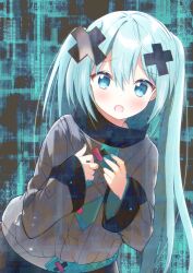 Rule 34 | 1girl, aqua eyes, aqua hair, aqua nails, batsu miku, blush, grey jacket, hair ornament, hatsune miku, highres, jacket, kowareta sekai to utaenai miku, leaning forward, long hair, long sleeves, looking at viewer, open mouth, project sekai, solo, tacchan (tattyan91031), turtleneck, turtleneck jacket, twintails, very long hair, wide sleeves, x hair ornament
