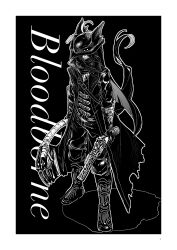 1girl absurdres animal_ears antique_firearm bandana bloodborne bracer breasts cape coat collared_shirt cosplay ear_tag earrings ears_through_headwear firearm greyscale gun hair_between_eyes hat highres holding holding_gun holding_hands holding_weapon horse_ears horse_girl horse_tail hunter_(bloodborne) hunter_(bloodborne)_(cosplay) jewelry kimihitsuji long_bangs long_hair long_hair_between_eyes long_sleeves looking_at_viewer manhattan_cafe_(umamusume) monochrome open_clothes open_coat shirt single_earring solo tail torn_cape torn_clothes tricorne umamusume very_long_hair weapon