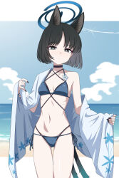 1girl animal_ears beach bikini black_eyes black_hair blue_archive blue_bikini blue_halo blue_sky blue_tail cat_ears cat_girl cat_tail cloud colored_inner_animal_ears criss-cross_straps day gradient_tail halo haori highres horizon japanese_clothes kikyou_(blue_archive) kikyou_(swimsuit)_(blue_archive) layered_bikini looking_at_viewer multi-strapped_bikini_bottom multiple_tails ocean official_alternate_costume outdoors short_hair sky solo standing swimsuit tail thigh_gap two_tails welchsbinn white_haori