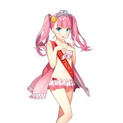 1girl akane_garnet aqua_eyes bikini breasts flower frilled_bikini frills hair_flower hair_ornament long_hair own_hands_together pink_hair polka_dot polka_dot_bikini salt_(salty) sash swimsuit tasuki tiara twintails uchi_no_hime-sama_ga_ichiban_kawaii white_bikini white_tiara