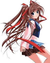 1girl anime_coloring aqua_shirt arms_behind_back artist_request blue_eyes brown_hair brown_skirt character_request cowboy_shot cropped_jacket facing_to_the_side floating_hair hair_ribbon jacket jpeg_artifacts leather leather_jacket long_hair long_sleeves official_art pink_shirt plaid_clothes plaid_skirt pocket red_ribbon replay_(series) replay_3 ribbon second-party_source shirt shirt_under_shirt simple_background skirt sleeveless sleeveless_jacket smile solo straight_hair twintails undershirt very_long_hair white_background wide_sleeves