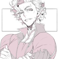 1boy astarion baldur&#039;s_gate baldur&#039;s_gate_3 cheekbones crossed_arms dungeons_&amp;_dragons dungeons_&amp;_dragons fang hiryuu_(kugelcruor) jacket looking_at_viewer male_focus multicolored_jacket parted_lips pointy_ears popped_collar short_hair smile solo swept_bangs two-tone_jacket vampire wavy_hair white_background white_hair