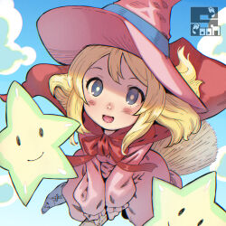 Rule 34 | 1girl, blonde hair, blue eyes, blue sky, broom, broom riding, cape, cloud, cloudy sky, dress, flying, hat, light blush, looking at viewer, magical chase, medium hair, open mouth, pink dress, pink hat, red cape, ripple (magical chase), sky, smile, soon (c-u-soon), star (symbol), witch, witch hat