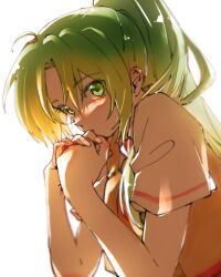 1girl blurry blush closed_mouth cropped_jacket depth_of_field green_eyes green_hair highres higurashi_no_naku_koro_ni kayo1102 long_hair looking_at_viewer own_hands_together ponytail shirt short_sleeves shy simple_background sleeveless sleeveless_jacket solo sonozaki_mion upper_body white_background white_shirt