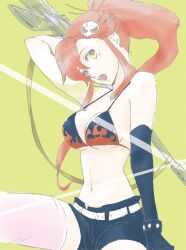 1girl arm_behind_head black_gloves black_shorts gloves gun hair_ornament holding holding_gun holding_weapon junnari long_hair open_mouth pink_thighhighs ponytail red_hair shorts single_glove single_thighhigh skull_hair_ornament solo tengen_toppa_gurren_lagann thighhighs weapon yellow_eyes yoko_littner