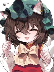1girl :d animal_ear_fluff animal_ear_piercing animal_ears blush bow bowtie brown_hair cat_ears cat_tail chen closed_eyes commentary_request earrings fang gold_trim hair_between_eyes hands_up happy hat highres jewelry long_sleeves mob_cap multiple_tails nekomata open_mouth paw_pose paw_print pudding_(skymint_028) puffy_long_sleeves puffy_sleeves red_vest short_hair simple_background single_earring skin_fang smile solo tail touhou two_tails vest white_background white_bow white_bowtie