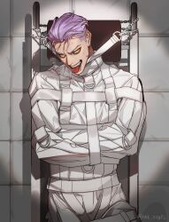 Rule 34 | 1boy, absurdres, bound, crazy eyes, dead by daylight, hair slicked back, hex stbfl, highres, purple hair, short hair, smile, straitjacket, sweat, the trickster (dead by daylight), tongue, tongue out, yellow eyes
