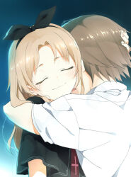 1boy 1girl black_capelet blonde_hair bow_hairband brother_and_sister brown_hair capelet crying hairband hug long_hair moesashi necktie red_necktie school_uniform short_hair siblings smile tsui_no_sora tsui_no_sora_(remake) yokoyama_kiyoshi yokoyama_yasuko