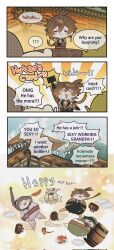 2boys 2girls 4koma :3 antenna_hair barrel brown_coat closed_eyes closed_mouth coat comic credit_card dongurikaka english_text food fruit genshin_impact highres long_hair low_ponytail multiple_boys multiple_girls nahida_(genshin_impact) ponytail raiden_shogun speech_bubble venti_(genshin_impact) very_long_hair watermelon zhongli_(genshin_impact)