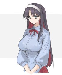1girl absurdres alternate_breast_size black_hair blue_shirt bow bra_visible_through_clothes breasts closed_mouth colored_inner_hair commentary cropped_legs english_commentary eyelashes eyes_visible_through_hair grey_background grey_eyes hairband highres jonyeld large_breasts long_hair long_sleeves looking_at_viewer multicolored_hair puffy_long_sleeves puffy_sleeves red_bow red_hair shirt smile solo split_mouth standing three-quarter_sleeves tohno_akiha tsukihime two-tone_background two-tone_hair upper_body v_arms white_background white_hairband