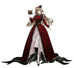 1girl absurdres apple arm_vines bad_id bad_pixiv_id brooch brown_eyes brown_hair carol0905 collared_dress crown dress e.g.o_(project_moon) flats floating floating_object food fruit full_body green_stem_(e.g.o) hair_between_eyes hairband hand_up high-low_dress highres jewelry juliet_sleeves library_of_ruina long_hair long_sleeves looking_at_viewer malkuth_(project_moon) mini_crown neck_ribbon object_floating_above_hand pantyhose parted_lips plant plant_roots project_moon puffy_sleeves red_dress red_hairband red_ribbon red_shoes ribbon shoes simple_background smile snow_white&#039;s_apple solo standing supportasse vines white_background white_dress white_pantyhose
