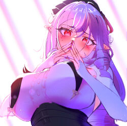 1girl ahoge blush breasts commission copyright_request flustered gloves hair_between_eyes highres large_breasts long_hair looking_at_viewer manaharui non-web_source pointy_ears red_eyes simple_background sweat upper_body vivian_banshee zenless_zone_zero