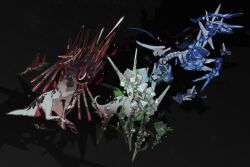 black_background blue_gemstone colored_skin floating floating_object gem green_gemstone halo highres hooves horns joints material_growth metal_skin microw monster monster_focus multiple_horns no_humans original red_eyes red_gemstone robot_joints rock sharp_tail shiny_skin simple_background spines tail white_fur white_skin wings zoom_layer